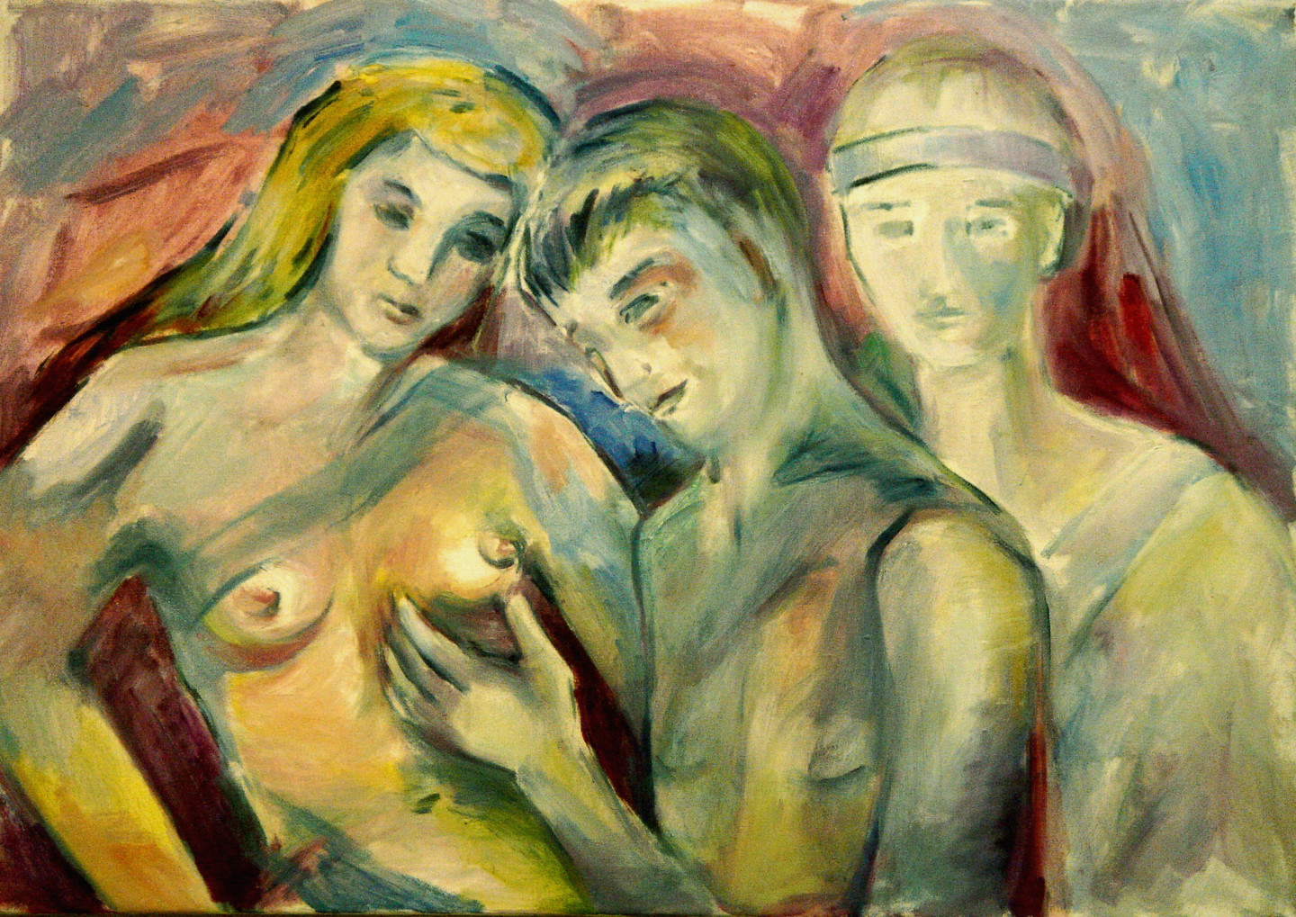 Two naked girls playing with one boy